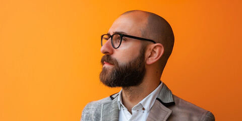 Profile of a bald man with glasses and a beard wearing a suit jacket, against a vibrant orange background