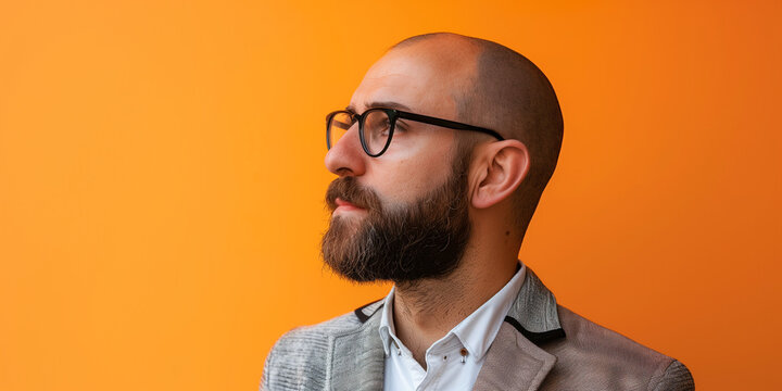 Profile of a bald man with glasses and a beard wearing a suit jacket, against a vibrant orange background