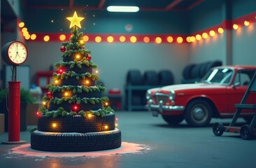 An unusual Christmas tree of car tires of different sizes in the territory of wheel vulcanization and repair. Christmas and New Year for clients