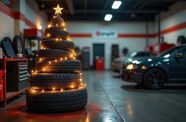 An unusual Christmas tree of car tires of different sizes on the territory of a vulcanization and car service station. Christmas and New Year for clients