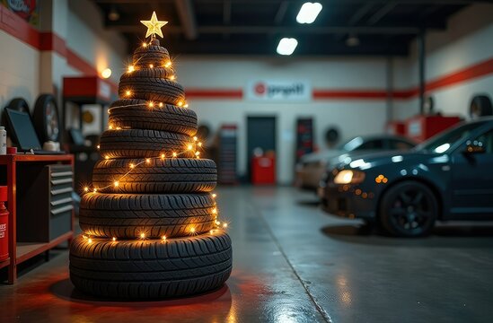 An unusual Christmas tree of car tires of different sizes on the territory of a vulcanization and car service station. Christmas and New Year for clients