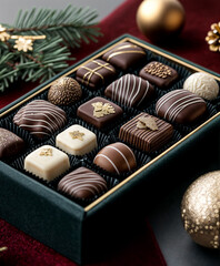 Elegant box of assorted chocolates with gold accents, perfect for festive holiday celebrations and gifting..