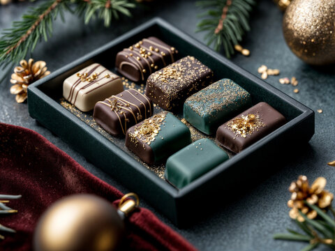 Assorted luxury chocolates in a gift box with festive gold accents and holiday decor..