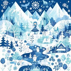 A whimsical winter wonderland with a girl holding a gift.