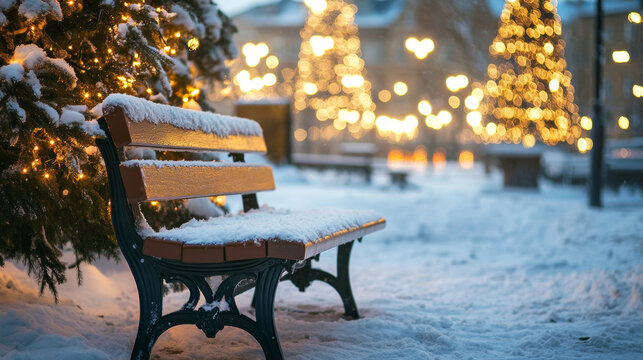 Snow-covered bench in festive, illuminated park, adorned with Christmas trees and sparkling lights, winter holiday concept