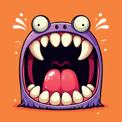 Monster mouth with tongue. Funny monster face expression with mouth closeup, teeth, tongue and big round eyes. Monster square avatar. Scary and horror monster mouth orange background on Halloween