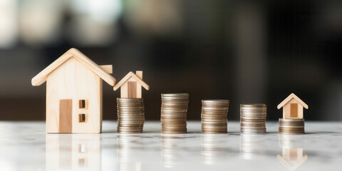 Stacked coins with wooden house models symbolizing investment growth