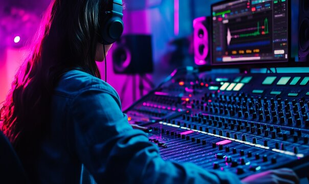 Anonymous music producer with headphones is tuning tracks on a professional mixing console in a studio, illuminated by ambient lights.