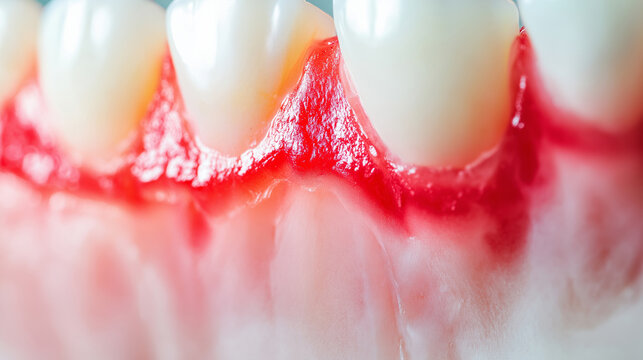 Closeup of inflamed gums, showing signs of periodontal disease, dental health issue concept