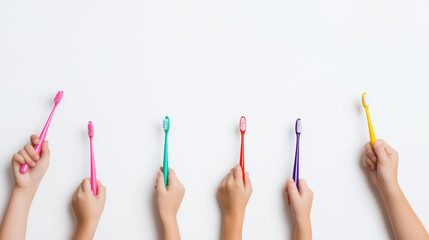 Colorful toothbrushes held by children's hands in row on white background, dental hygiene, oral care, kids' health concept