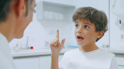 Fototapeta premium Boy explaining visit to dentist, child communicating with doctor, pediatric dental care, healthcare concept