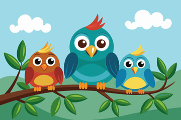 funny birds on branch clipart vector design