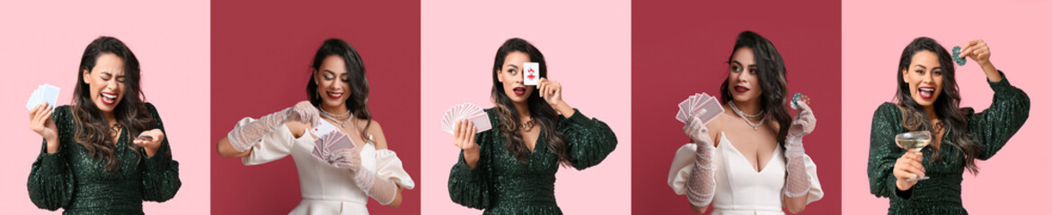 Set of beautiful African-American woman with cards and poker chips on color background