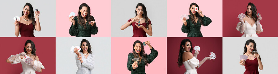 Set of beautiful African-American woman with cards and poker chips on color background
