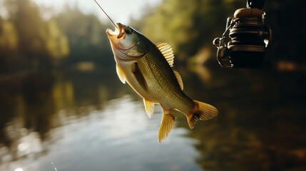 A fisherman proudly catches a large fish at dawn by a serene lake surrounded by trees