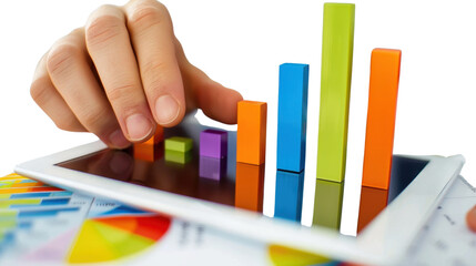 Digital tablet displaying monthly sales report on white background