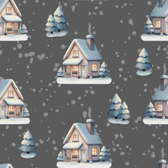 Winter Wonderland Village Seamless Pattern: Delicate Pastel Houses, Snow-Covered Trees,  Gentle Snowflakes in Soft Pastel Colors, Creating a Cozy and Serene Winter Scene