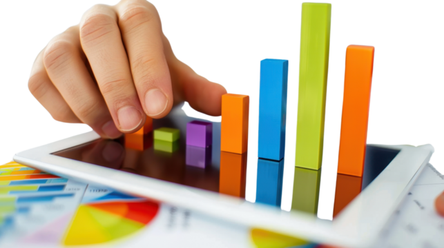 Digital tablet displaying monthly sales report on white background