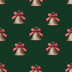 Festive Christmas Bells and Bows: Seamless Holiday Pattern in Watercolor, jingle bell, fabric print, textile, wrapping paper