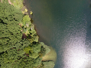 Aerial top down of Krumme Lanke Lake during summer in Grunewald Forest in West Berlin