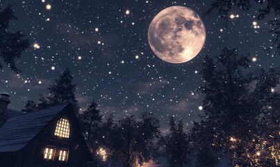 Christmas night sky filled with stars and a glowing full moon.