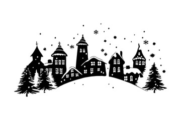 Obraz premium Silhouette of a Winter Village with Snowflakes and Trees. . Elegant and festive winter design concept. Vector illustration