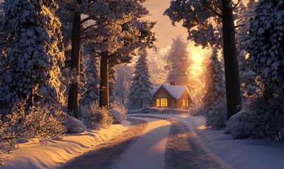 A tranquil lane lined with towering pine trees, each heavy with snow, leading to a distant cozy home glowing warmly through frosted windows.