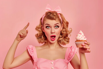 Beautiful pin up woman holding piece of cupcake cake isolated on pink background