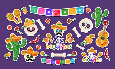 Dia de Los Muertos - Mexican Day of the Dead. Traditional colorful objects sticker set. Vector illustration