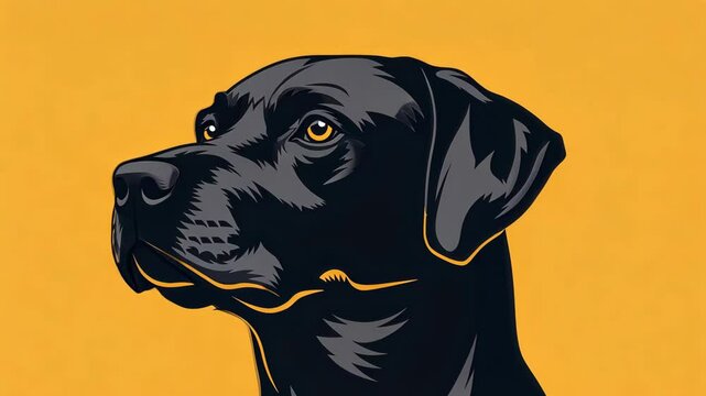 A black Labrador Retriever looks off to the side, with a yellow background