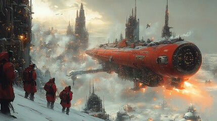 Four figures in red coats stand on a snowy mountainside, gazing at a large red spaceship hovering over a futuristic city.