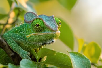 Fototapeta premium A green lizard is on a leaf, generative ai image