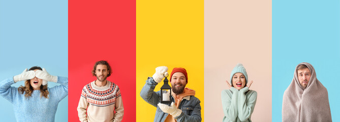 Group of young people in winter clothes on color background