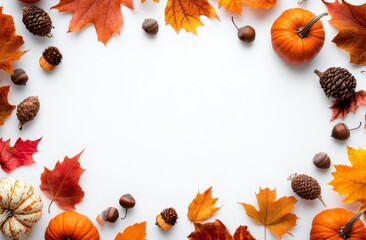 Fototapeta premium Autumn-themed border with pumpkins, leaves, and acorns on a white background. 