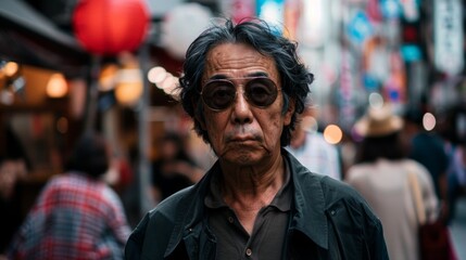 Obraz premium Asian older man looking at camera while walking on a street