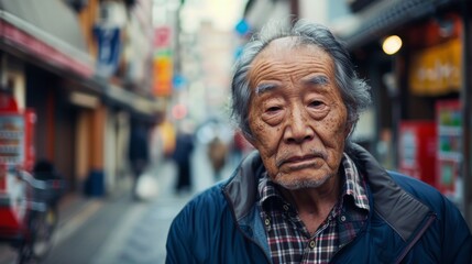 Obraz premium Asian older man looking at camera while walking on a street
