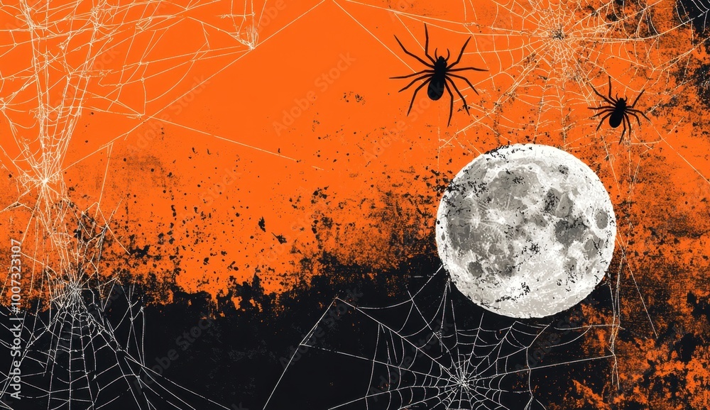 Wall mural halloween background with spider webs and full moon halloween concept template design with copy spac
