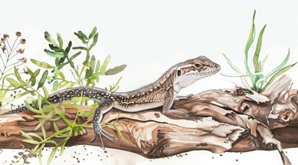 Naklejka premium A colorful lizard basking peacefully on a branch, surrounded by lush green foliage in a tranquil natural setting during a sunny day, watercolor sketch 