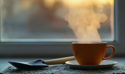 Shovel next to a steaming cup of hot tea