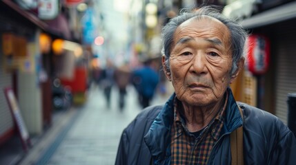 Fototapeta premium Asian older man looking at camera while walking on a street