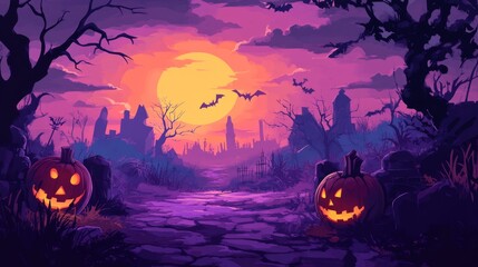 A haunting landscape featuring a glowing full moon, sinister trees, and grinning jack-o'-lanterns, evoking a mysterious and eerie Halloween atmosphere.