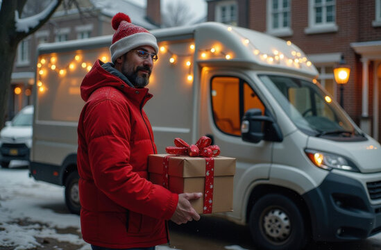 Delivery man holding christmas gift wearing red beanie and jacket by delivery van