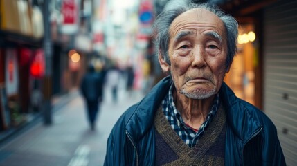 Obraz premium Asian older man looking at camera while walking on a street