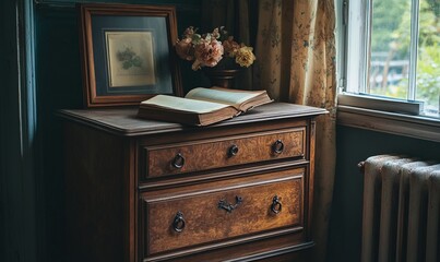 Book on dresser by table