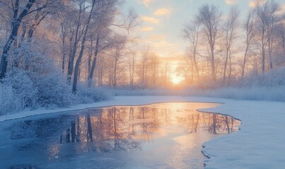 Fototapeta premium Frozen pond reflecting the soft colors of a winter sunset, surrounded by snowy trees