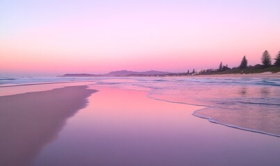 Pastel pink sunset at beach reflecting off sand, Gold Coast