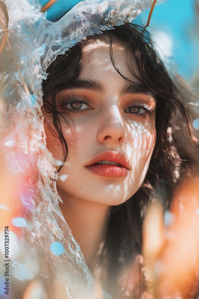 Poster Beautiful Woman with Green Eyes and Wavy Black Hair in Dreamy Light