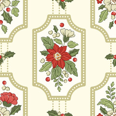Retro Christmas Framed Poinsettia, Mistletoe, Hellebores, Holly Berries Vector Seamless Pattern. Festive Flowers, Greenery Arrangement. Winter Holidays Botanical Print. Nostalgic Spirit.