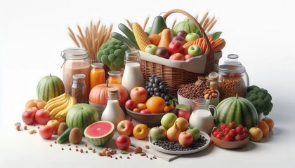 A vibrant display of assorted fruits, vegetables, and beverages in a natural setting.