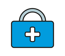 Fototapeta premium Suitcase First Aid. Bag white cross for medicines. Medical box. Emergency Kit. Ambulance. Storage of medical drugs, instruments. Pharmaceutical. Isolated icon. Flat style. Colored vector illustration